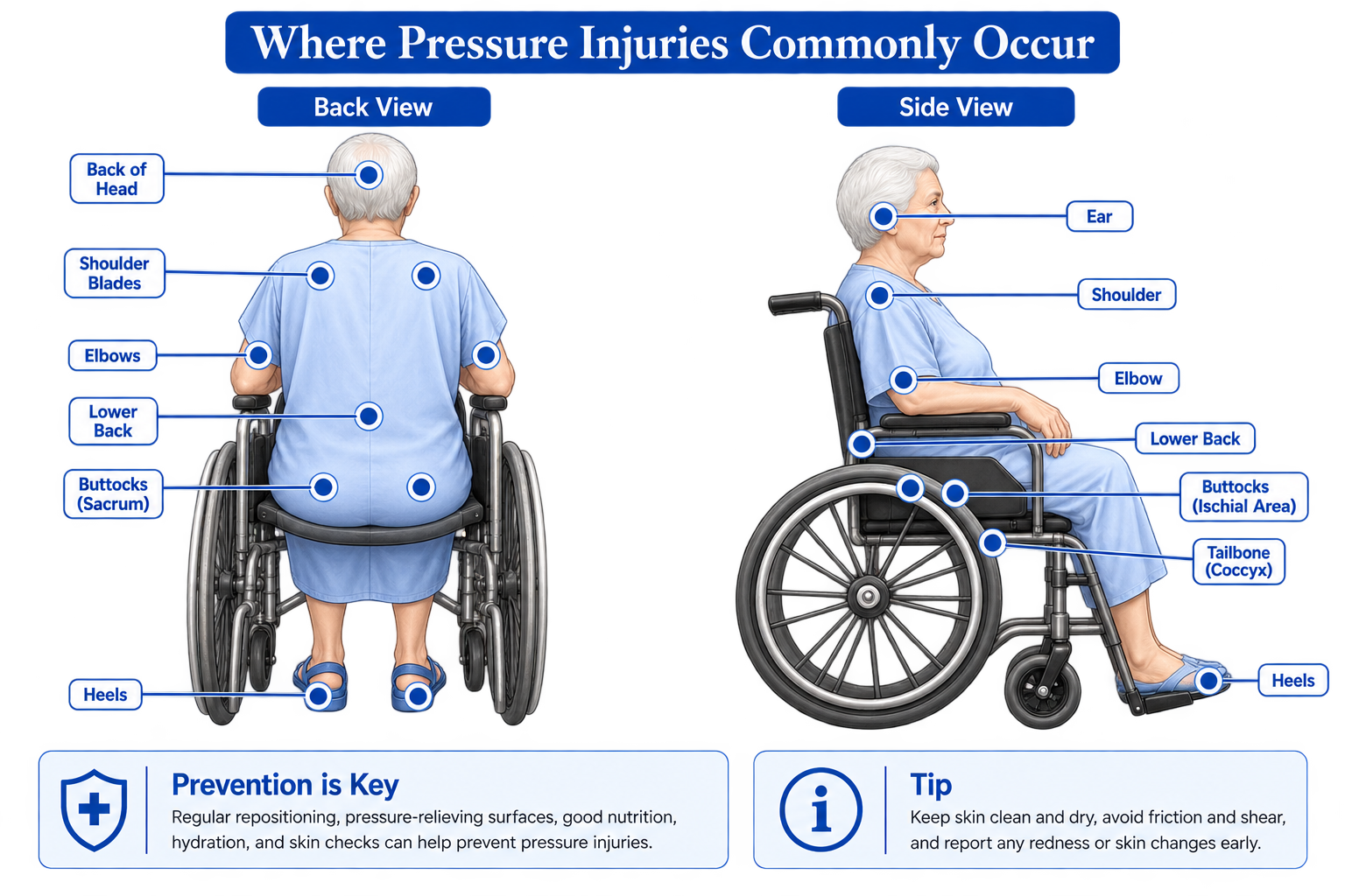 Medical illustration showing common pressure injury locations on an older adult seated in a wheelchair, including the back of the head, shoulder blades, elbows, lower back, sacrum, tailbone, ears, and heels.